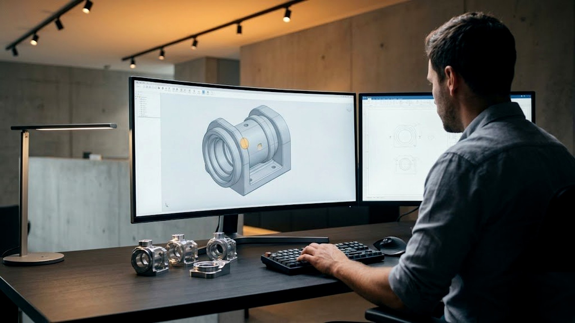 Engineer at CAD workstation reviewing precision hardware design drawings