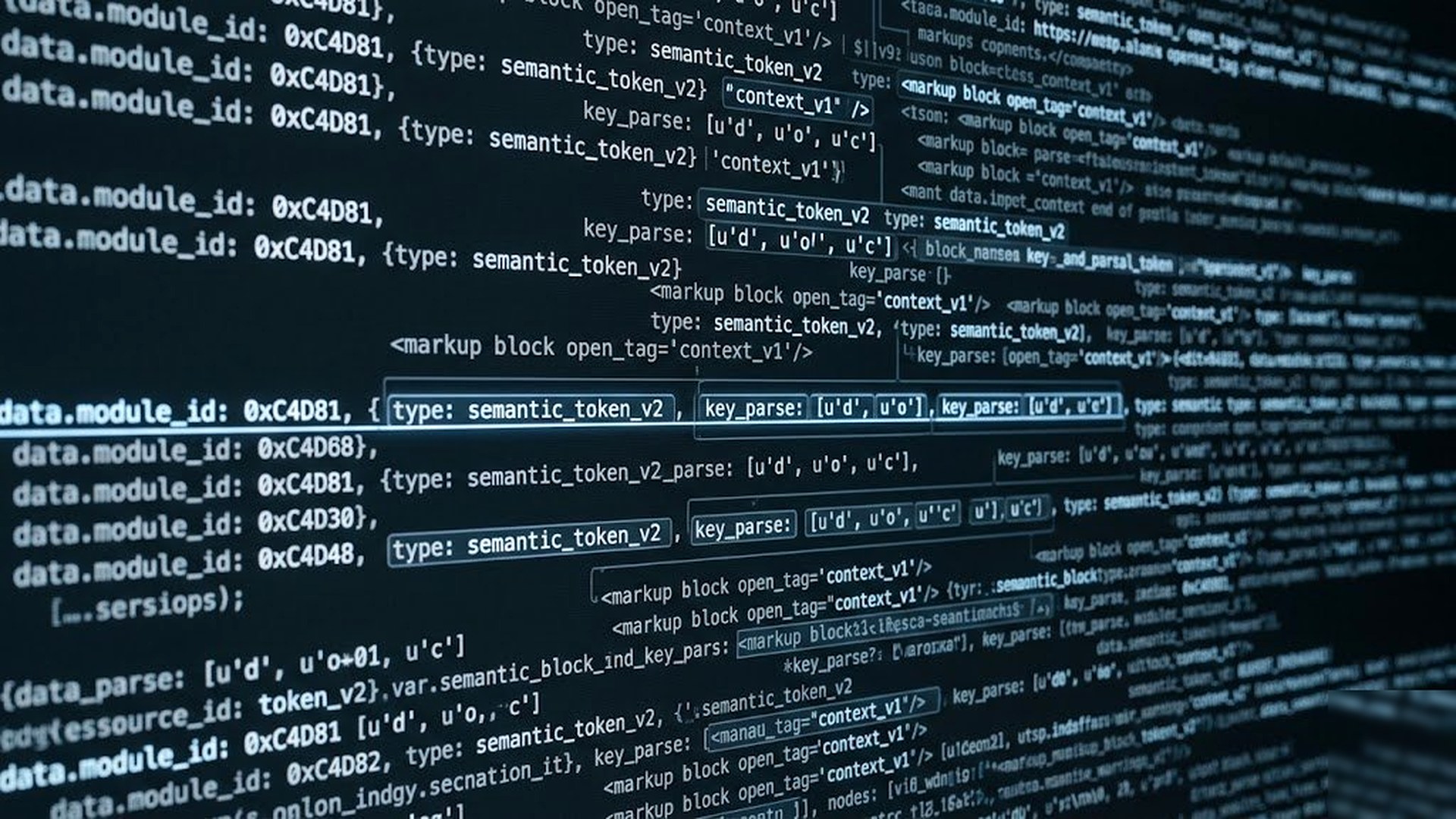 Code editor view with semantic tokens and module IDs, Oqoqo