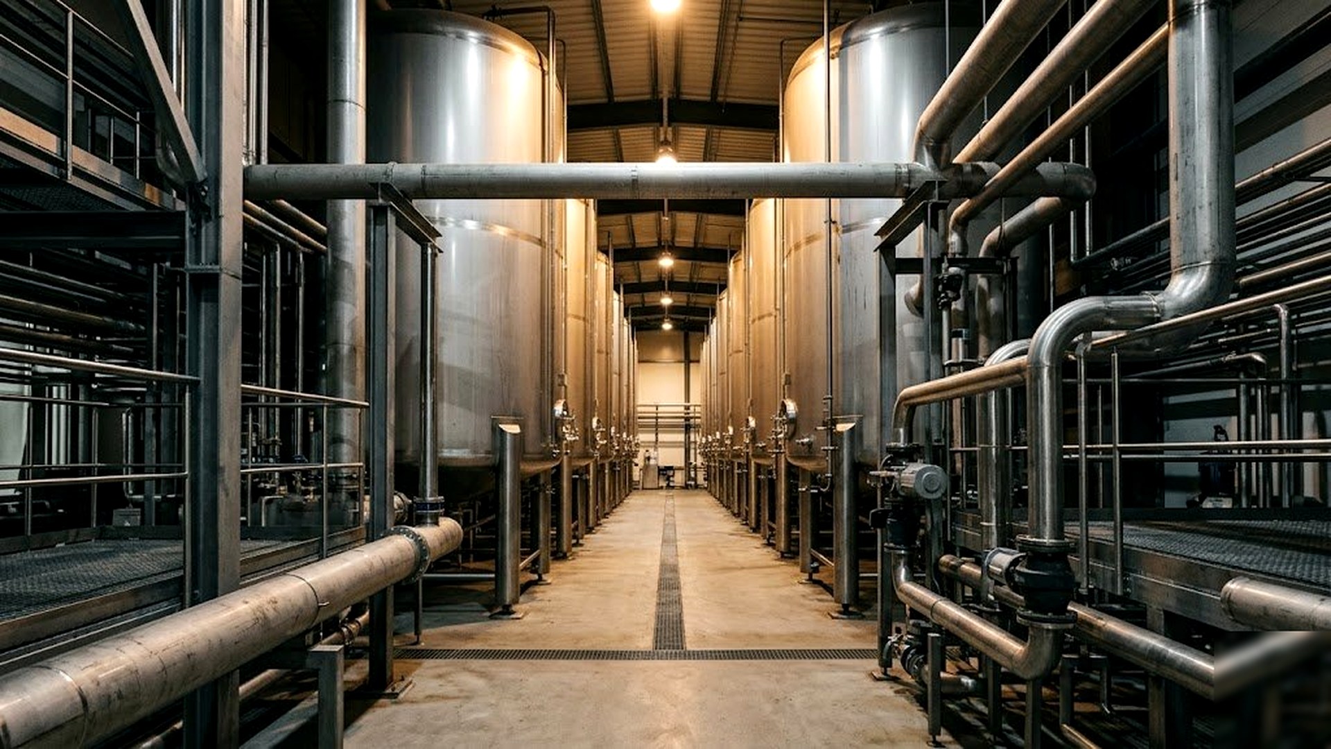 Large stainless steel fermentation tanks inside an industrial biomanufacturing facility