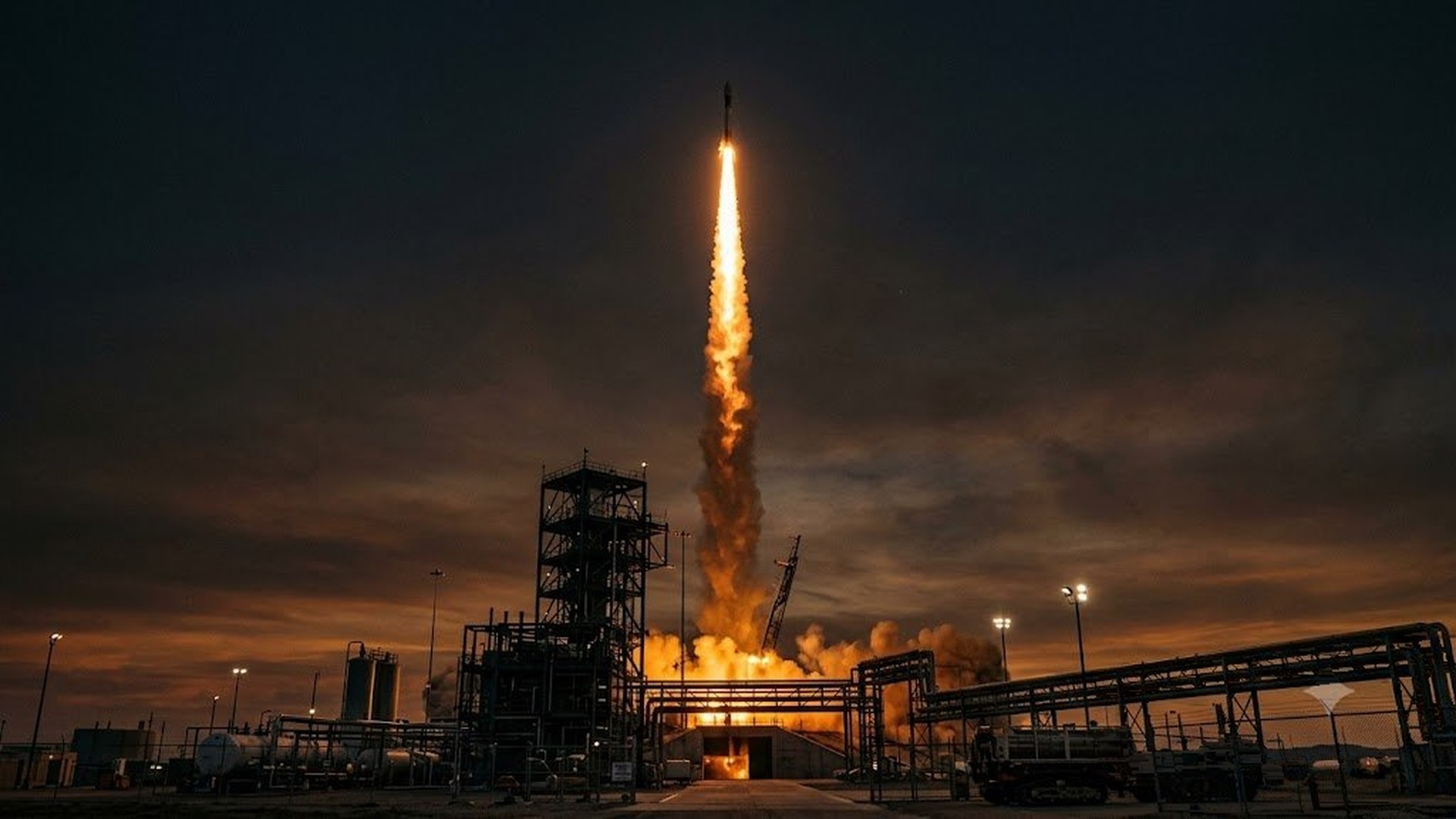 Rocket launch trail at dusk symbolizing off-planet manufacturing infrastructure.